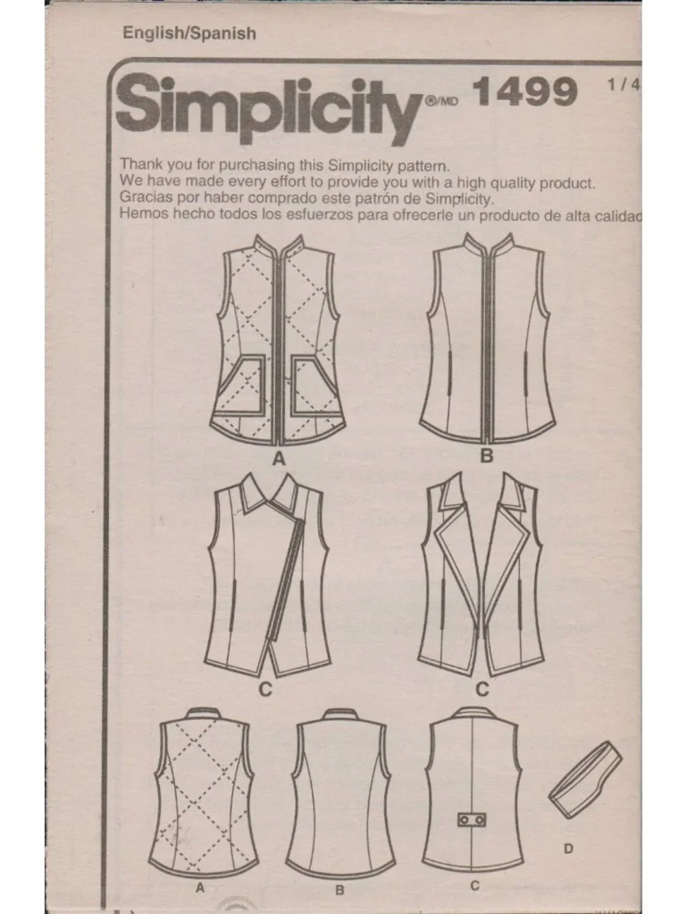 Simplicity 1499 Easy Fall Winter Vest Outerwear Pattern Size 16-24 Uncut